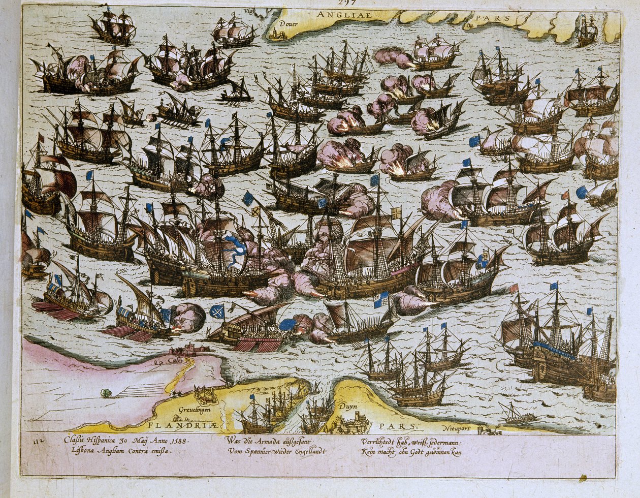 1588 年 8 月 8 日英国海岸击败无敌的西班牙无敌舰队，1653 年的插图（雕刻） 作者 弗朗兹·霍根伯格