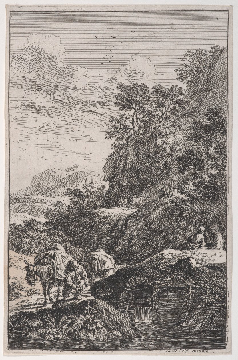 图版1：一个农民在溪边检查他的骡子的蹄子，来自 "Landscapes in t...，约1700-25。 作者 弗朗茨·约阿希姆·贝奇