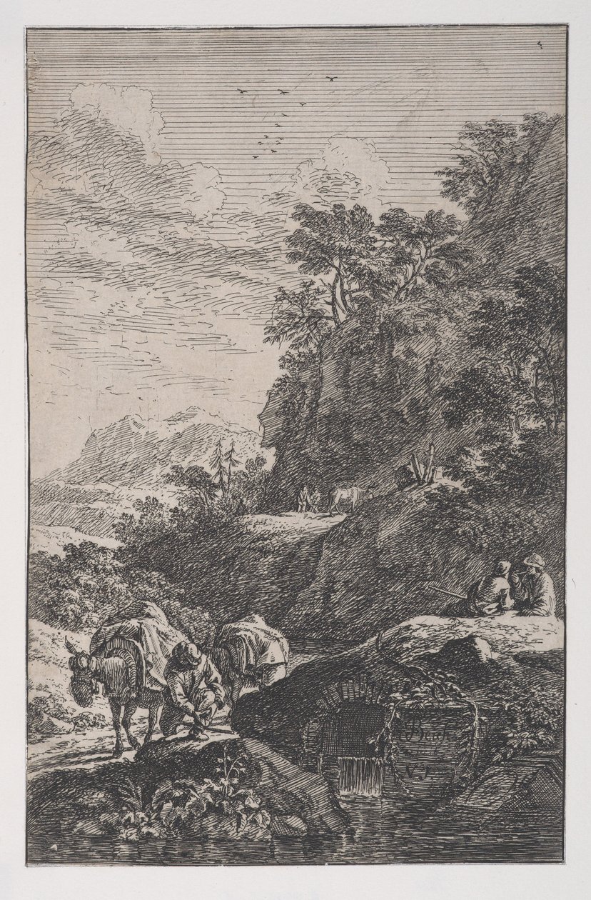 图版1：一个农民在溪边检查他的骡子的蹄子，来自 "Landscapes in t...，约1700-25。 作者 弗朗茨·约阿希姆·贝奇