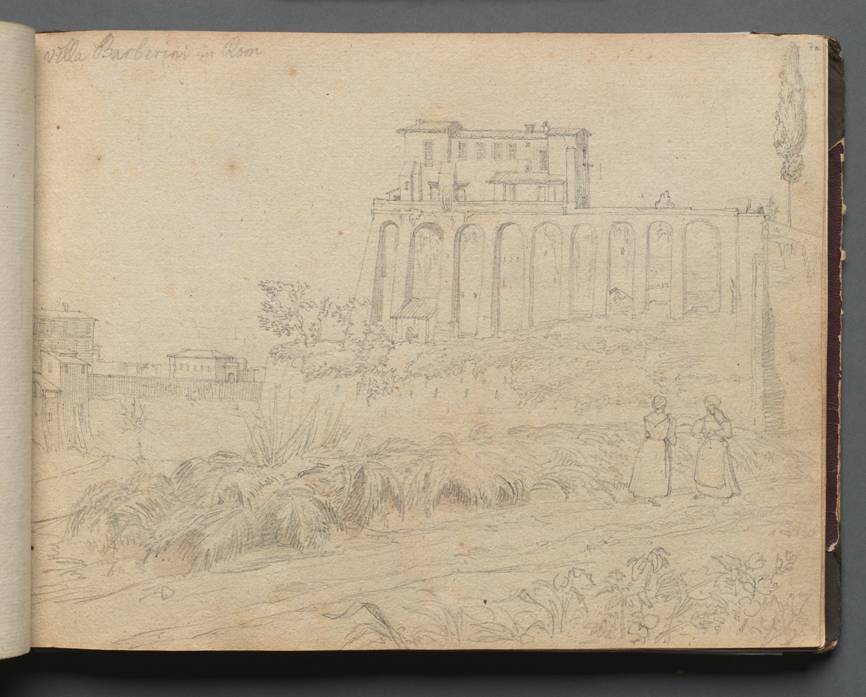 罗马及周边景观相册，景观研究，第 07a 页："罗马的 Villla Barberini"。 作者 弗朗茨·约翰·海因里希·纳多普