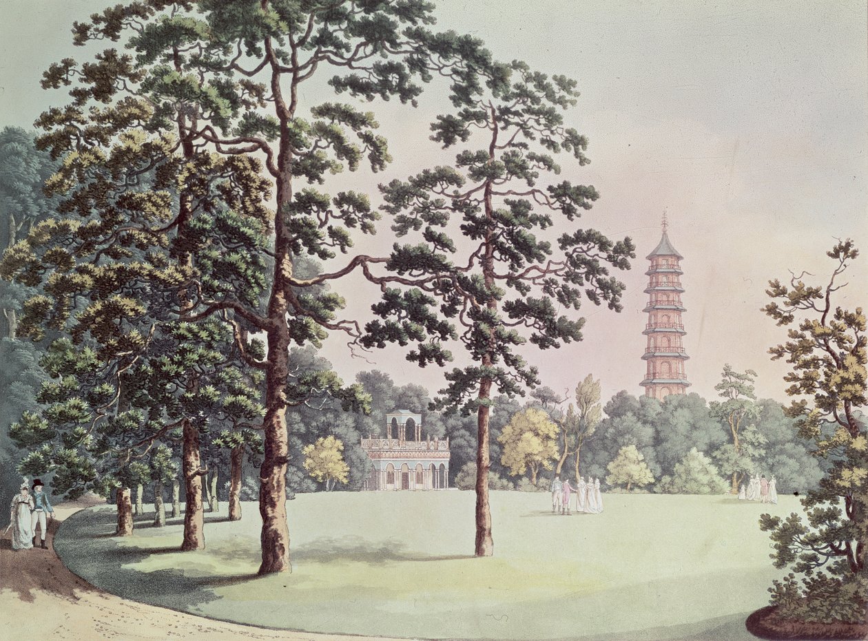 阿尔罕布拉宫和宝塔的Kew花园景观，由Heinrich Joseph Schutz（1760-1822），c.1798（aquatint）雕刻 作者 弗朗兹·约瑟夫·曼斯基希