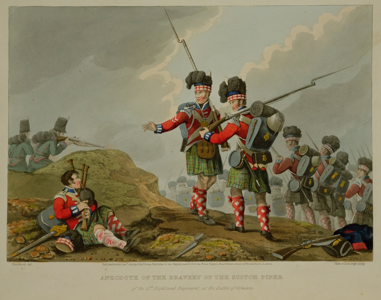 Vimiero战役中第11高地团苏格兰风笛勇敢的轶事，由John Heaviside Clark（c.1771-1863）和Matthew Dubourg（18,120-20）镌刻于&39;历史，Mili 作者 弗朗兹·约瑟夫·曼斯基希