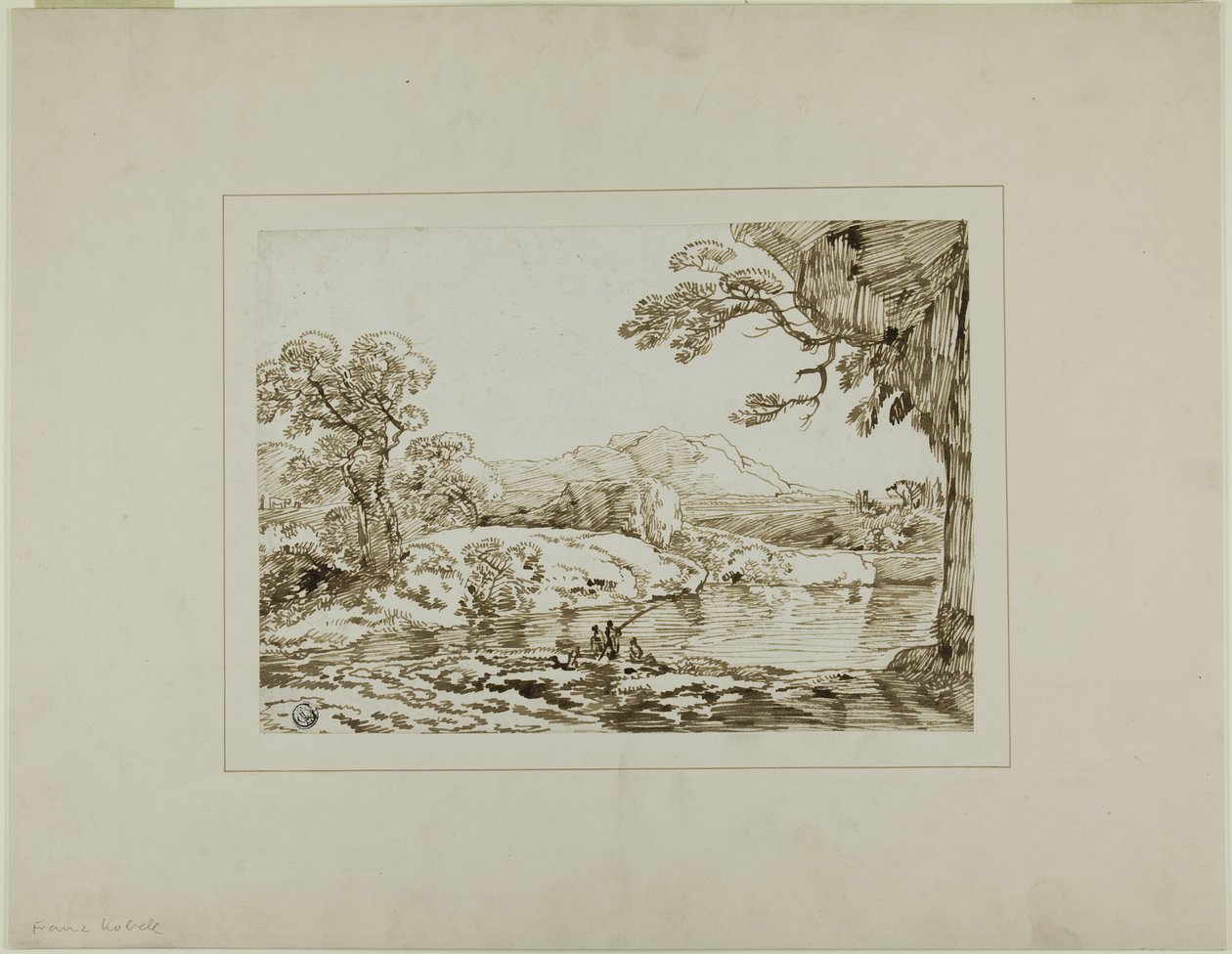 有河流、远山和前景中钓鱼人物的风景画 作者 弗朗兹·科贝尔（Franz Kobell）