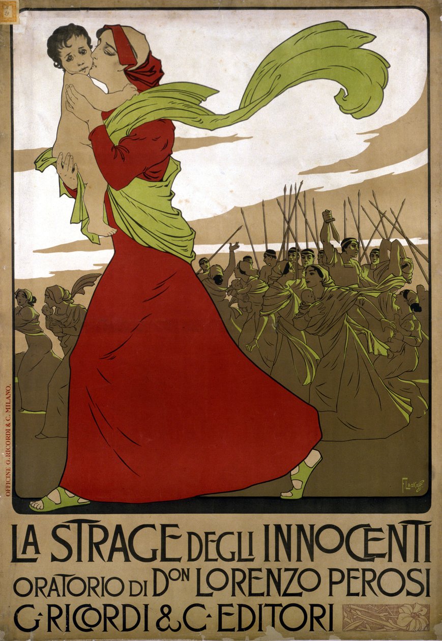 意大利作曲家Don Lorenzo Perosi（1872 - 1956）的清唱剧《La strage degli innocenti》的海报。绘图者：F.Laskoff 作者 弗朗兹·拉斯科夫（Franz Laskoff）