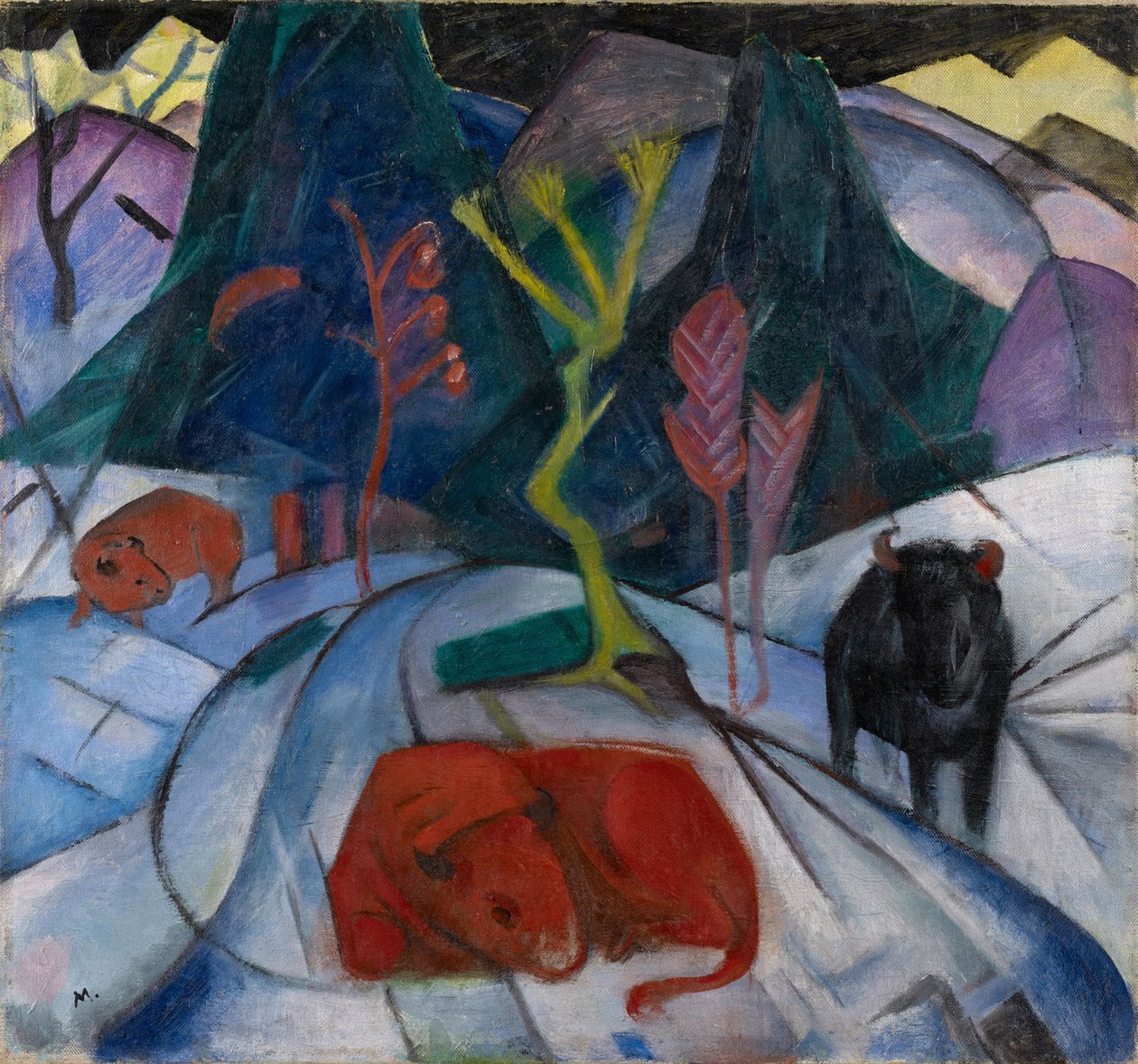 冬天的野牛 红色的野牛，1913年。 作者 弗朗兹·马克（Franz Marc）