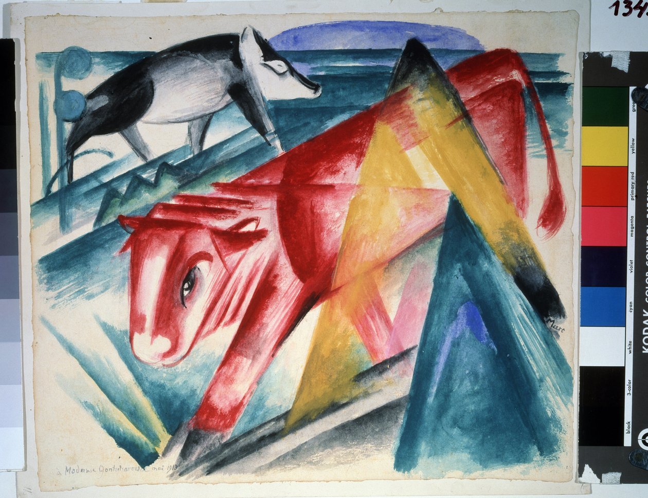 "动物 牛和野猪。水彩画，弗朗茨-马克（1880-1916 年）（表现主义），1913 年。尺寸：39x45 厘米 莫斯科普希金博物馆 作者 弗朗兹·马克（Franz Marc）