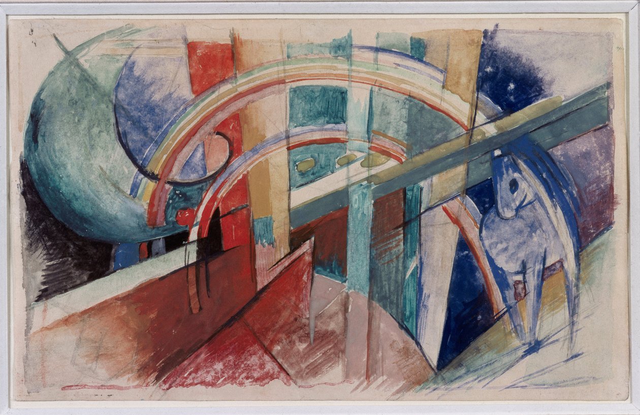 蓝色马和彩虹图画在铅笔和水彩由弗朗兹马克 作者 弗朗兹·马克（Franz Marc）