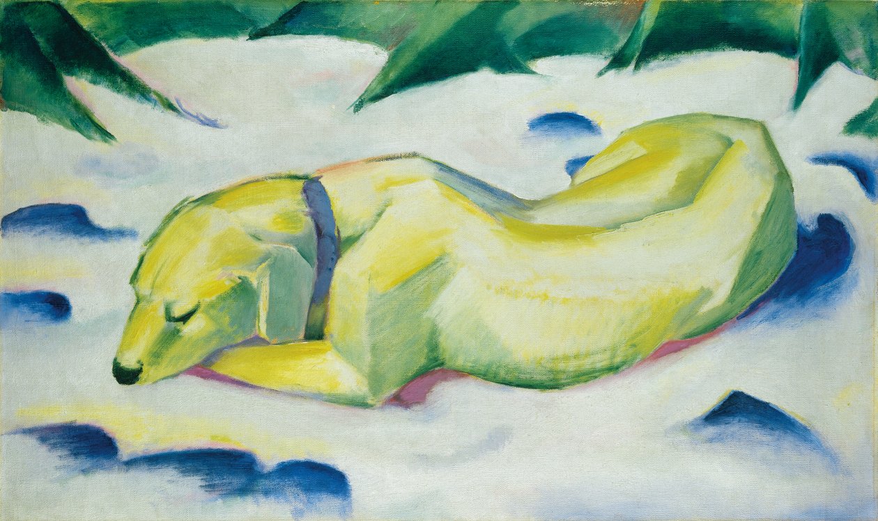 狗躺在雪地里，c.1911（布面油画） 作者 弗朗兹·马克（Franz Marc）
