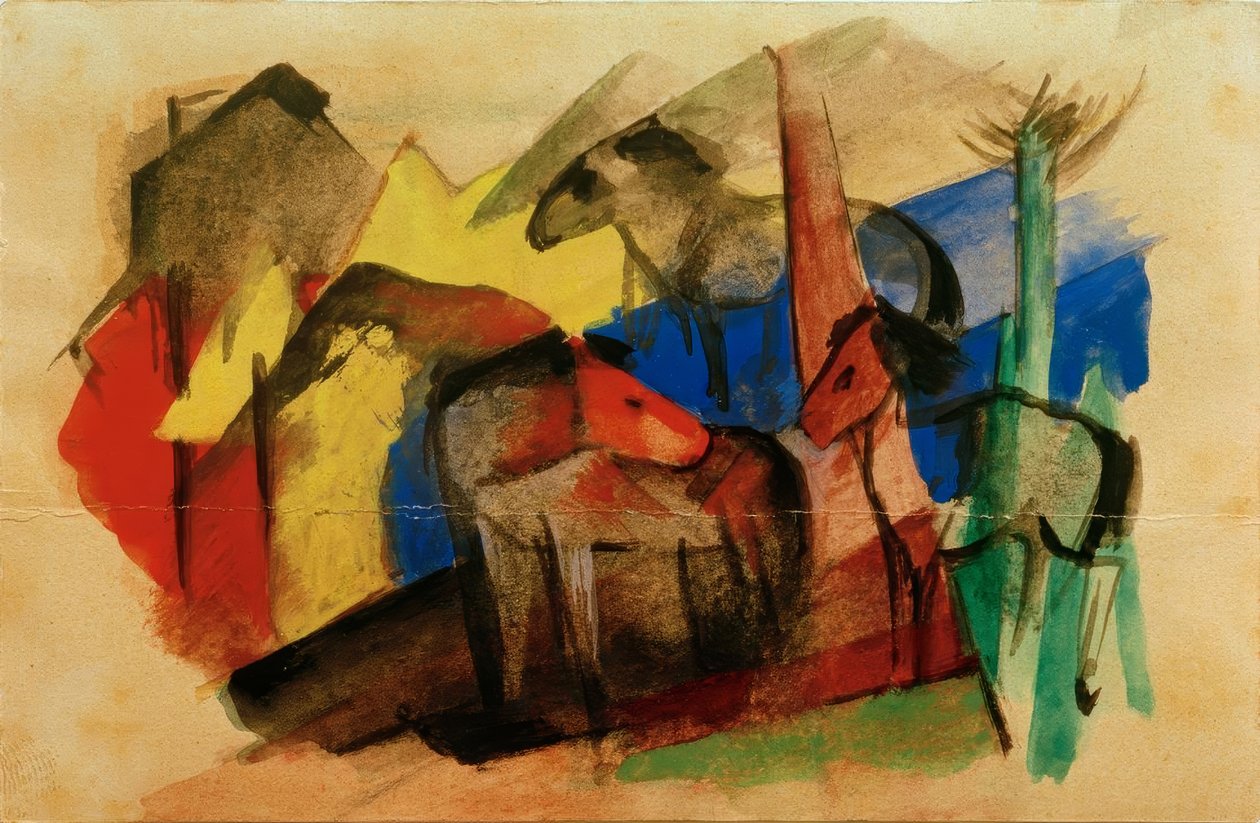 三匹马在风景与房子 作者 弗朗兹·马克（Franz Marc）