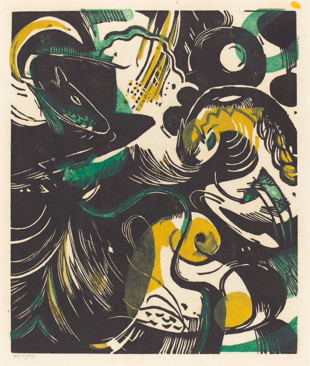 创世纪II（Schopfungsgeschichte II），1914年（木刻黄色，黑色和绿色） 作者 弗朗兹·马克（Franz Marc）