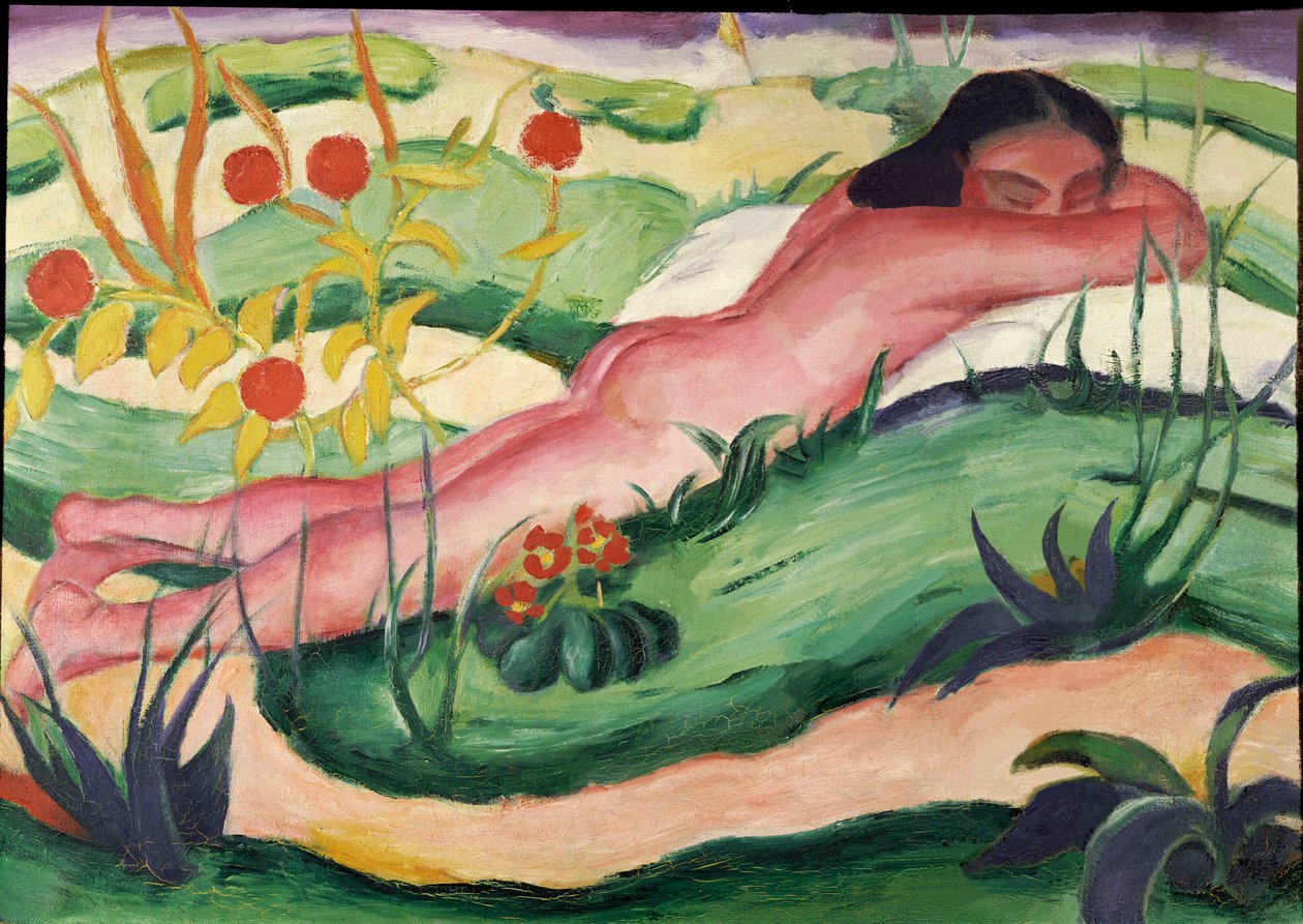 裸体躺在花丛中，1910年 作者 弗朗兹·马克（Franz Marc）