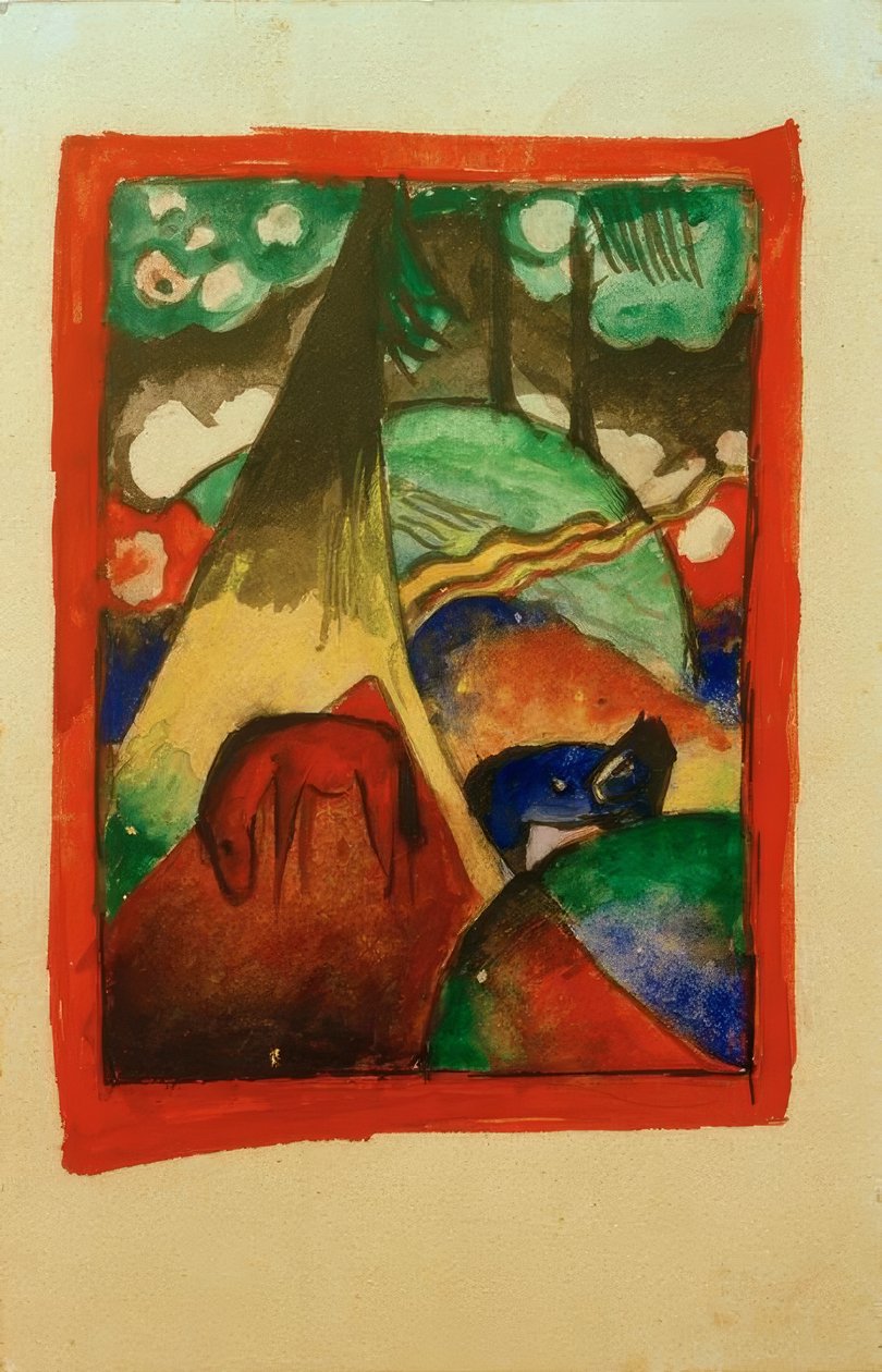 景观中的红色和蓝色的马 作者 弗朗兹·马克（Franz Marc）