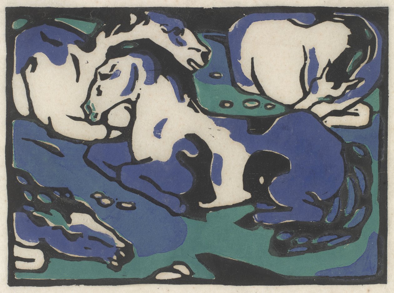 Ruhende Pferde（Resting Horses），1911-1912，印刷于1916年（日本纸上的黑色，蓝色和绿色木刻） 作者 弗朗兹·马克（Franz Marc）