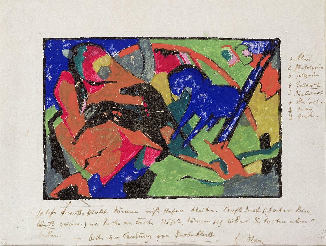 两匹马，1911-12（手工彩色印刷） 作者 弗朗兹·马克（Franz Marc）