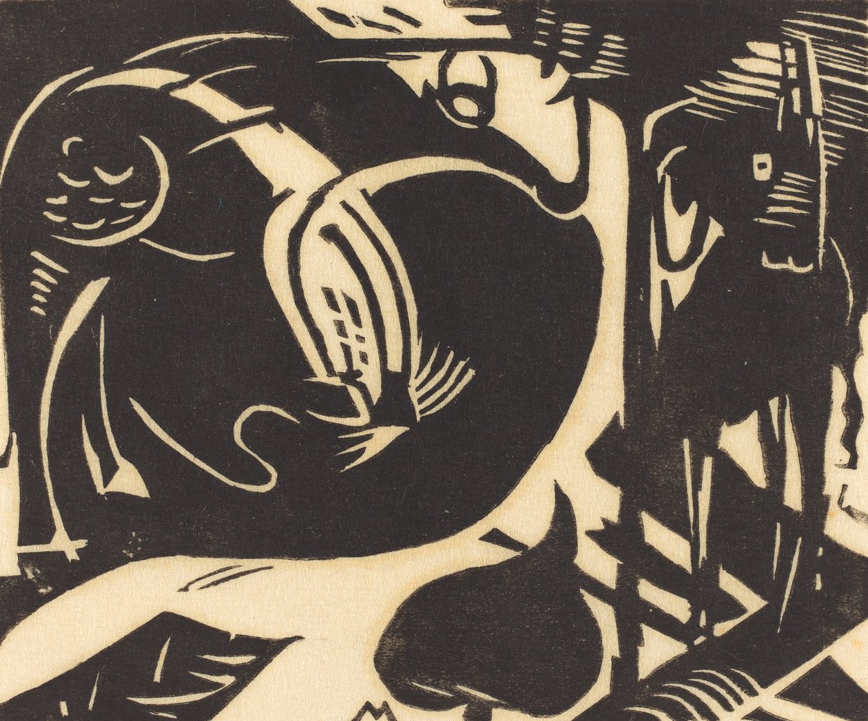 两个神话动物（Zwei Fabeltiere），1914年（日本纸上的黑色木刻） 作者 弗朗兹·马克（Franz Marc）