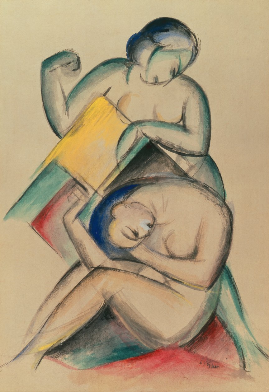 两个裸体女人，约 1910-15 年（水粉画和水彩画，纸面） 作者 弗朗兹·马克（Franz Marc）