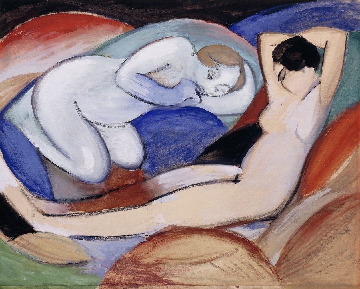 两个斜倚的裸体；两次说谎的行为，1912年 作者 弗朗兹·马克（Franz Marc）