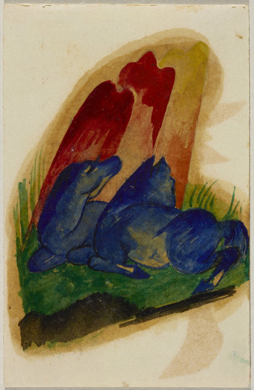 红色岩石前的两匹蓝马 作者 弗朗兹·马克（Franz Marc）