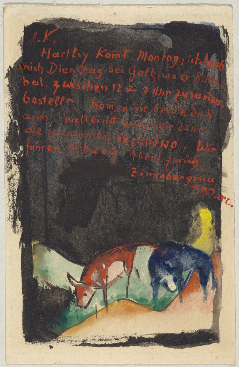 "Zinnobergruß"，Franz Marc 从 Sindelsdorf 寄给慕尼黑的 Wassily Kandinsky：明信片，19.04.1913 年邮戳 作者 弗朗兹·马克（Franz Marc）