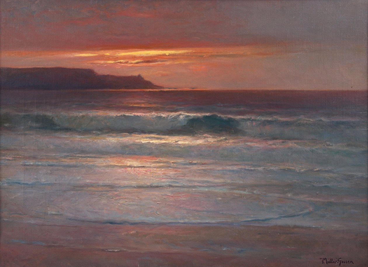 夏日最后一缕阳光洒在海浪上，约 1890-1900 年（布面油画） 作者 弗朗茨穆勒戈森