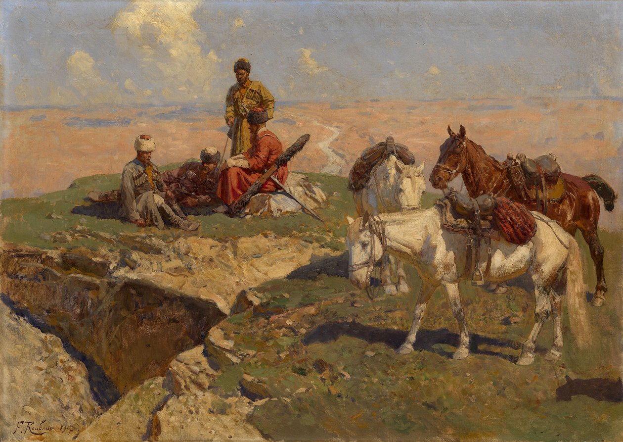 高加索骑手休息，1917年 作者 弗朗兹·鲁博（Franz Roubaud）