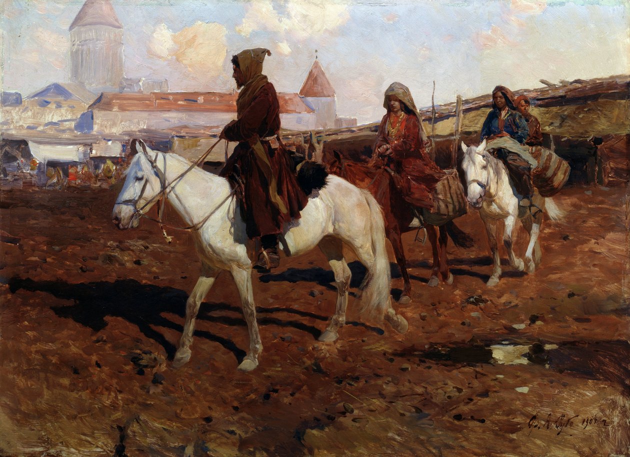 在东方Franz Roubaud（1856-1928 年）的画作。木板油画，67.5 x 49 厘米 作者 弗朗兹·鲁博（Franz Roubaud）