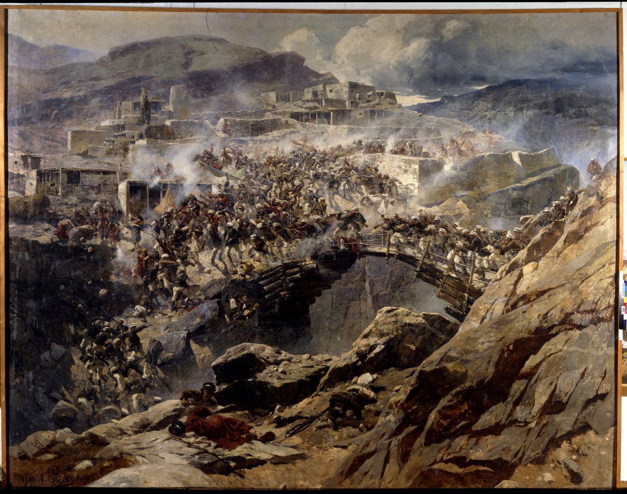 阿克胡戈之围1839 年，夏米尔（伊玛目夏米尔，沙米尔）（1797-1871 年）和他来自高加索的穆斯林追随者被围困在他们的山中堡垒，随后被俄军屠杀--弗朗茨-鲁博（1856-19 年）的绘画作品 作者 弗朗兹·鲁博（Franz Roubaud）