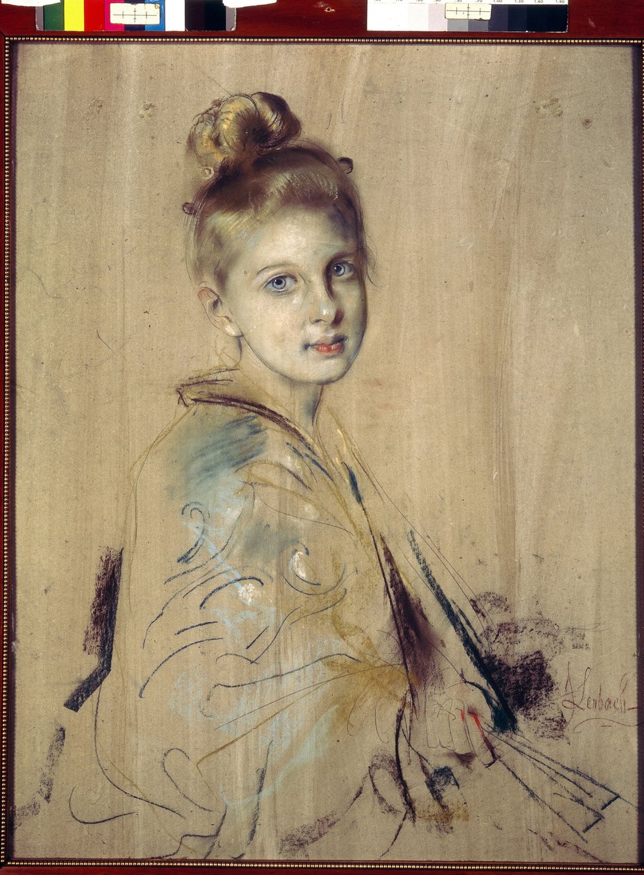 拿扇子的女孩Franz von Lenbach（1836-1904 年）的作品，卡片上的粉彩画，约 1880 年。19 世纪德国艺术。圣彼得堡国家冬宫。 作者 弗朗兹·塞拉夫·冯·伦巴赫