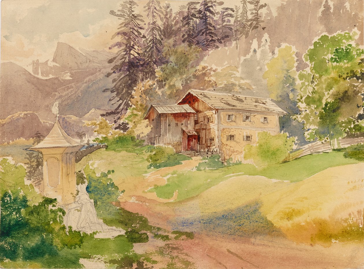 阿尔卑斯山风景，农舍和神龛前的妇女 作者 弗朗兹·斯坦菲尔德