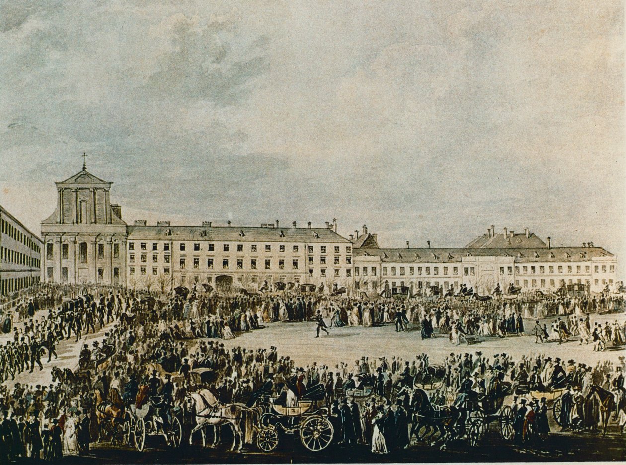 1827 年路德维希-凡-贝多芬的葬礼队伍，从 Schwarzspanierhaus 到维也纳 Alsergasse 的圣三一教堂（水彩画） 作者 弗朗兹·斯托伯