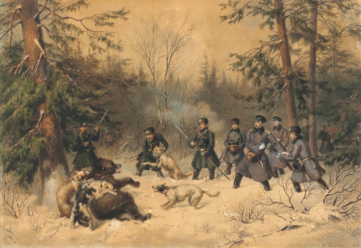 沙皇亚历山大二世的猎熊行动，1862年。 作者 弗朗兹·泰切尔（Franz Teichel）