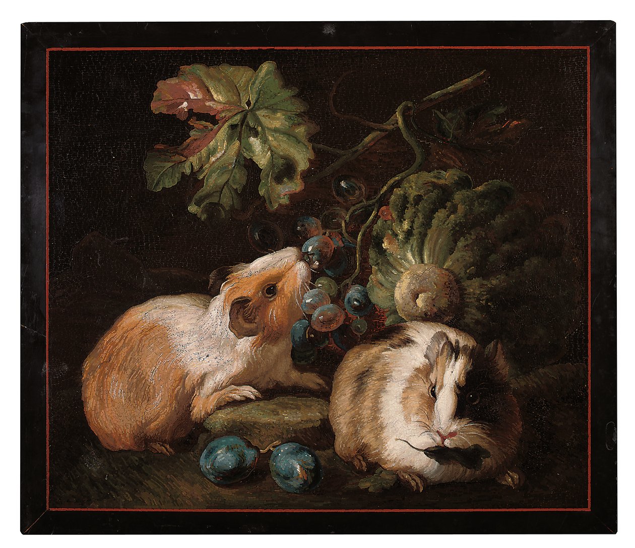 罗马微马赛克画板，描绘了两只吃白菜和葡萄的豚鼠，1800-25年 作者 弗朗兹·沃纳·冯·塔姆
