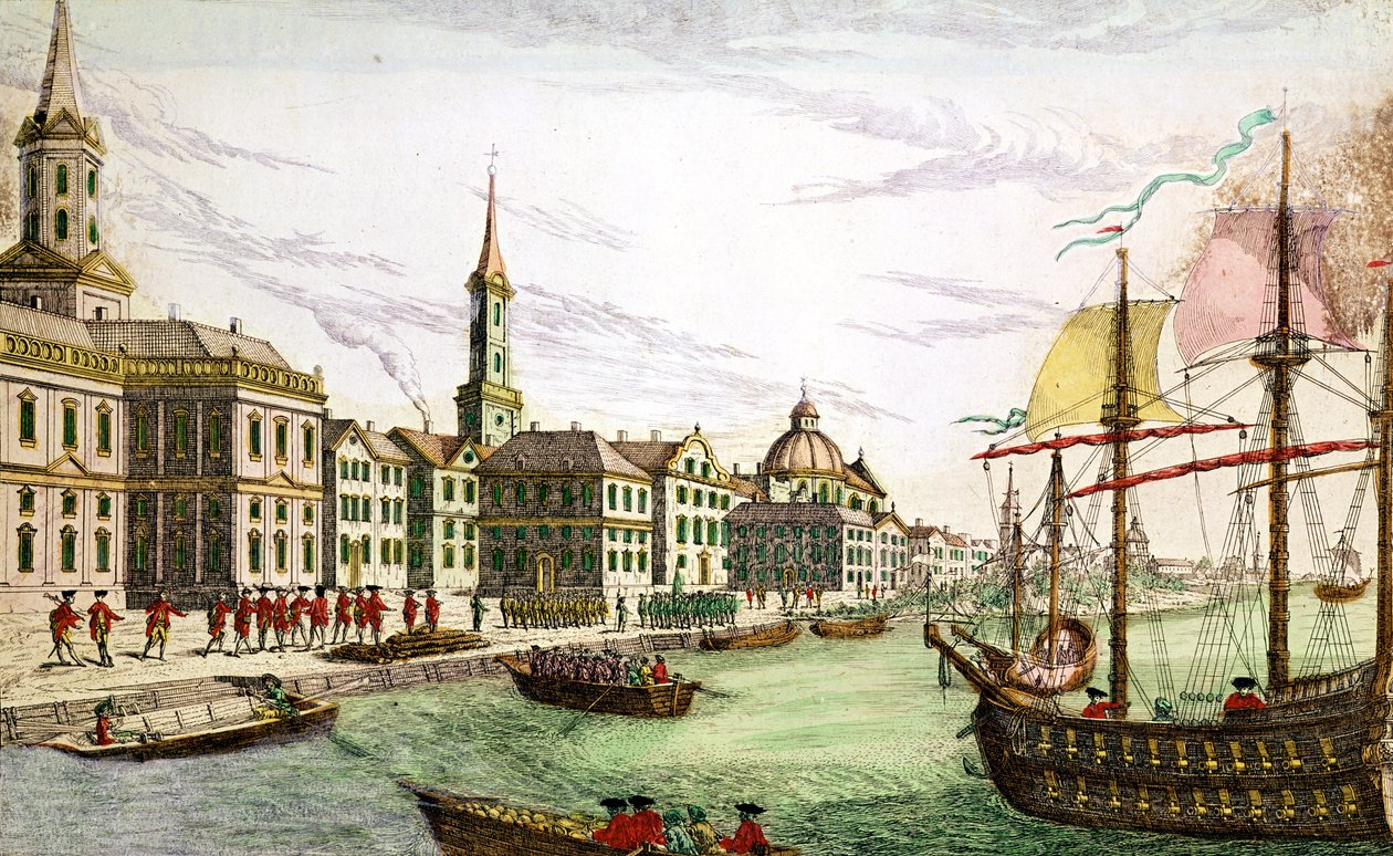 1776年6月29日在纽约下船的英国军队（彩色雕刻） 作者 弗朗兹·泽维尔·哈伯曼