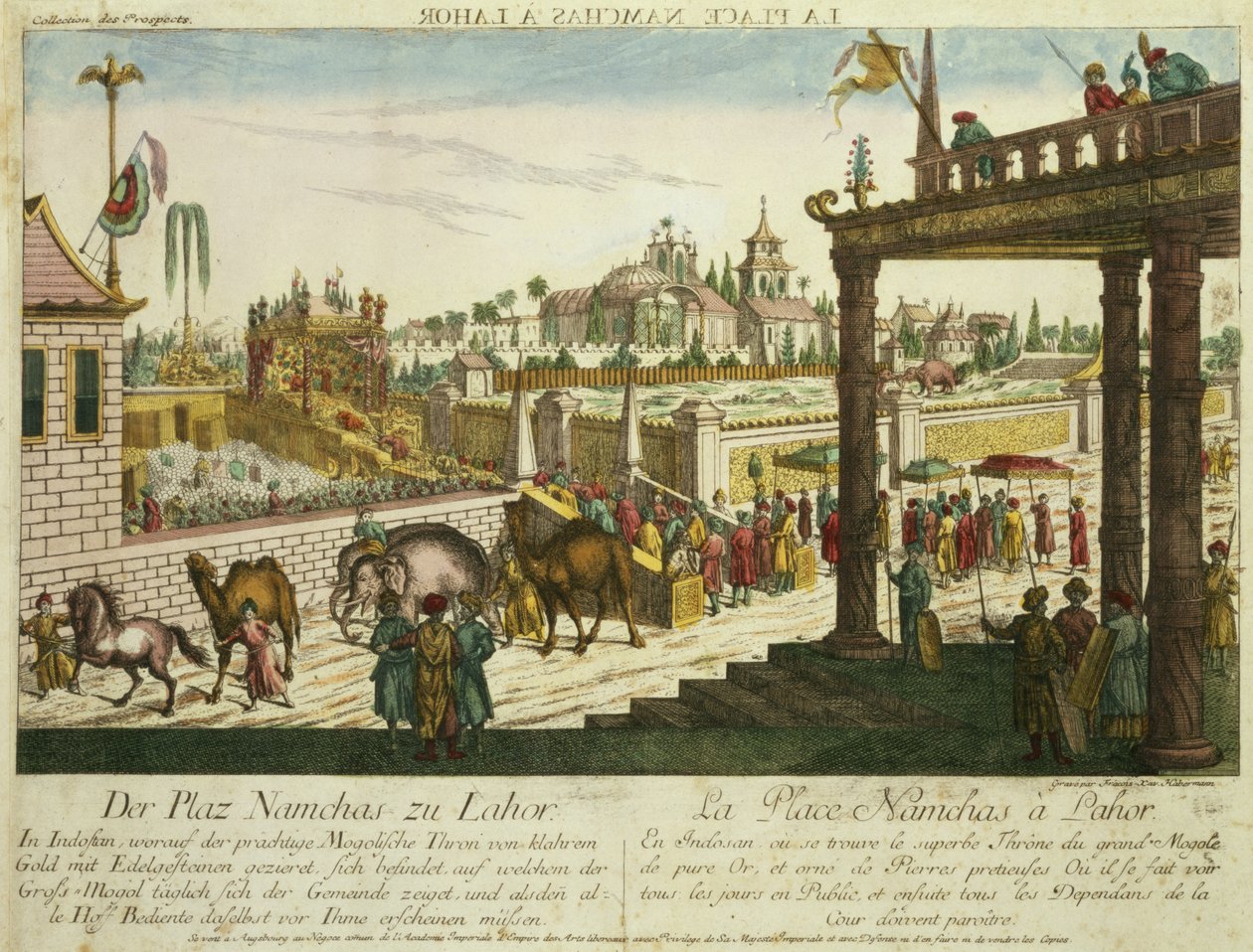 拉合尔的Namchas Place，展示巴基斯坦大人物的金色宝座（aquatint） 作者 弗朗兹·泽维尔·哈伯曼