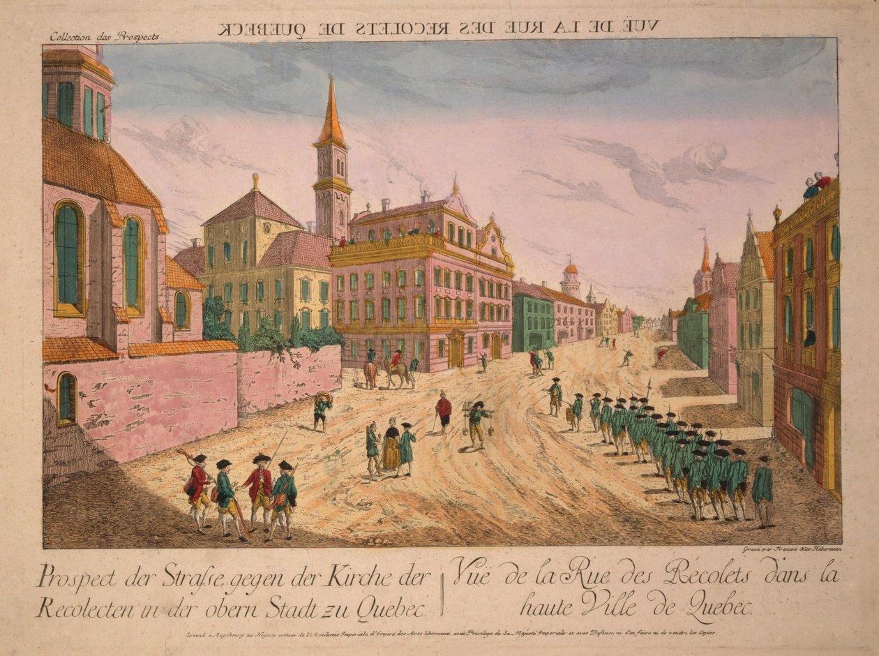 Fue de la Rue des Recolets de Quebec，17世纪70年代出版（手工彩色雕刻） 作者 弗朗兹·泽维尔·哈伯曼