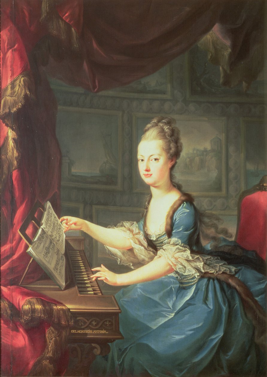 Archduchess Marie Antoinette Habsburg-Lothringen（1755-93）在spinnet，奥地利皇后玛丽亚特丽莎（1717-80）的第十五个孩子和法国路易十六的皇帝弗朗西斯一世（1708-65）的妻子（17 作者 弗朗兹·萨维尔·瓦根雄