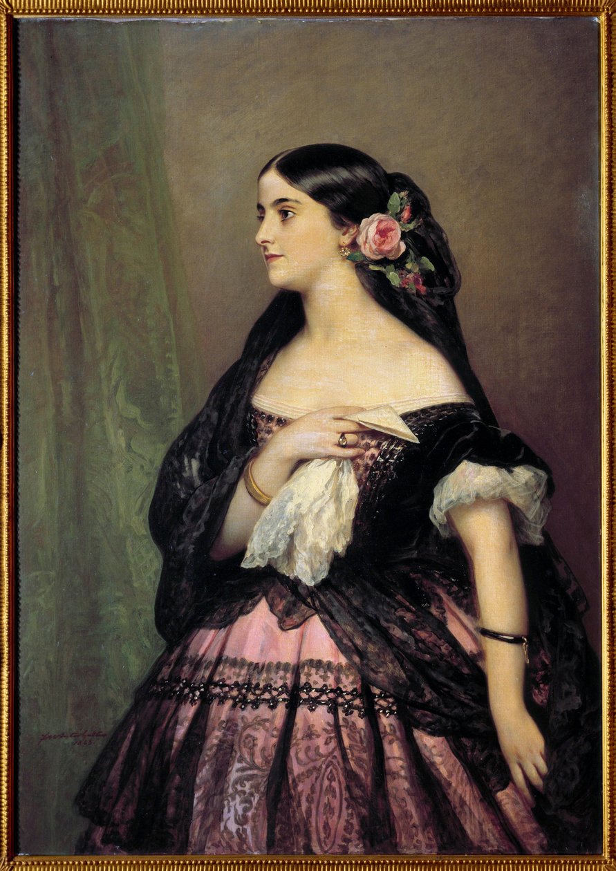 阿德琳娜·帕蒂。 歌手 Adelina Patti (1843-1919) 的肖像，西班牙女高音在 Gioacchino Rossini 的“The Barbiere di Siviglia”（塞维利亚的理发师）中诠释 Rosine 的角色。 Xaver Winterhalter (1806-1873) 的绘画 作者 弗朗茨泽维尔温特哈尔特