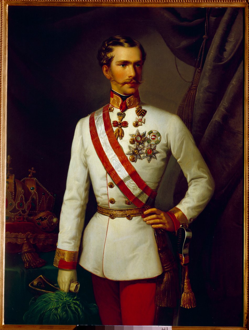 奥地利的弗朗索瓦·约瑟夫 (Francois Joseph) 的肖像，当时 28 岁，身着礼仪制服（1830-1916 年）。 弗朗索瓦·泽维尔·温特哈尔特 (1806-1873) 的绘画 作者 弗朗茨泽维尔温特哈尔特