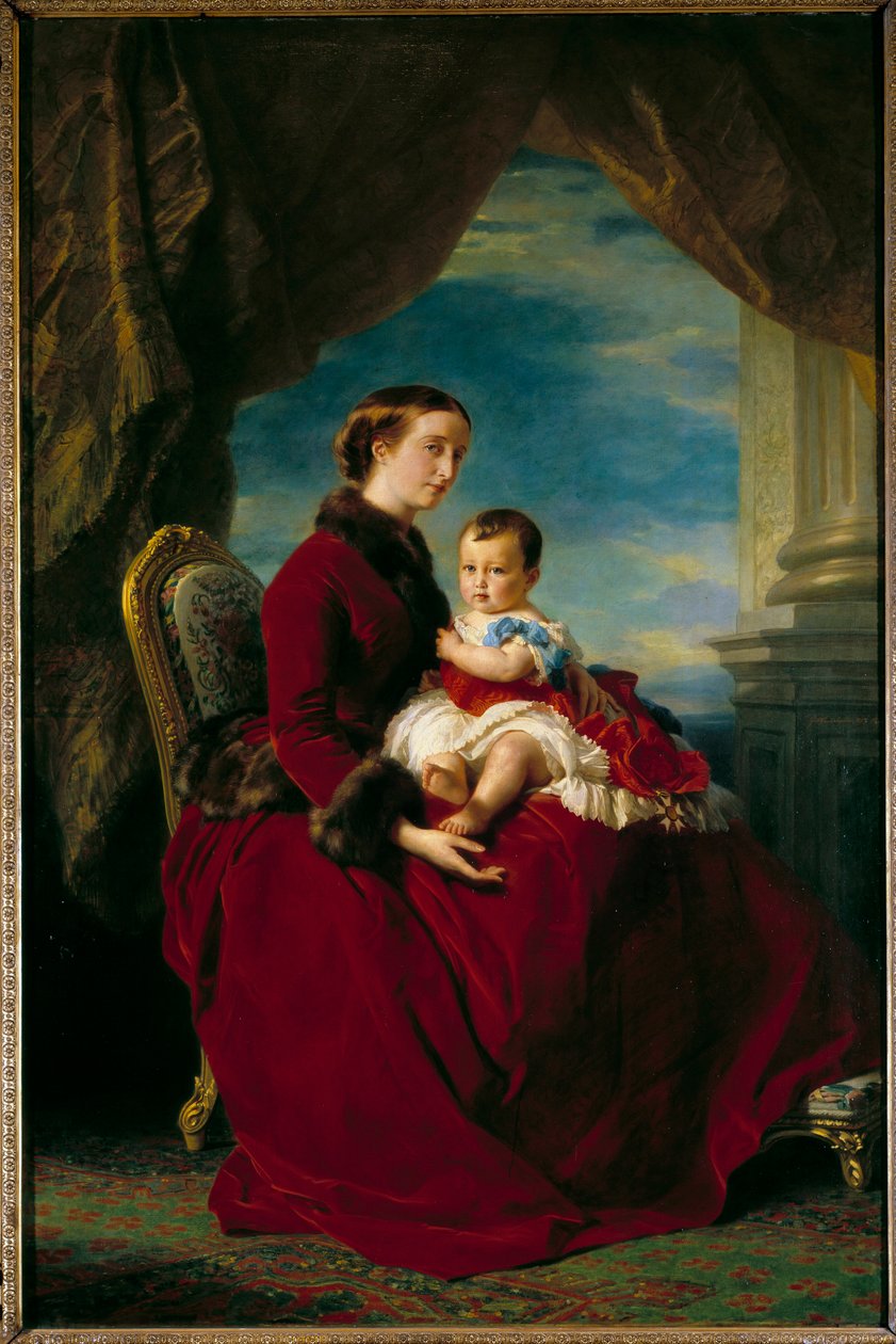 尤金妮皇后和皇太子的肖像。 Eugenie de Montijo (1826 - 1920) 和他与拿破仑三世的儿子 Napoleon Eugene Louis Bonaparte (1856-1879)。 Francois Xaver Winterhalter (1806-1873) Ec. 的绘画。 全部。 作者 弗朗茨泽维尔温特哈尔特