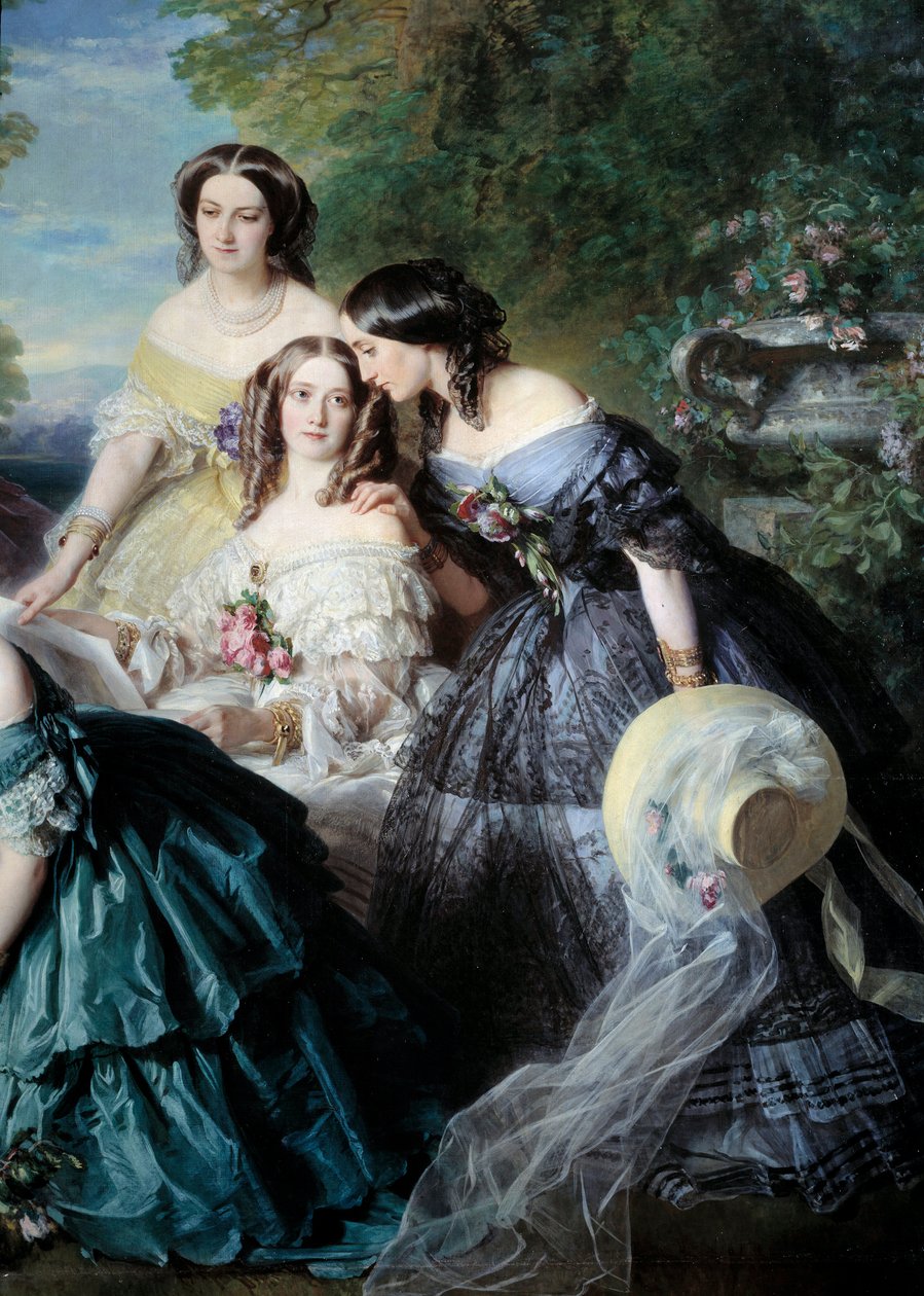 1855 年的 Impress Eugenie (1826-1920) 围绕着代表马拉雷特男爵夫人、娜塔莉·德·塞古尔（黄色）、马奎斯·德拉斯·马里斯马斯（白色）和拉图尔·莫堡侯爵夫人的 Detail Palace 荣誉女士们。 Franz Xavier Wi 的绘画 作者 弗朗茨泽维尔温特哈尔特