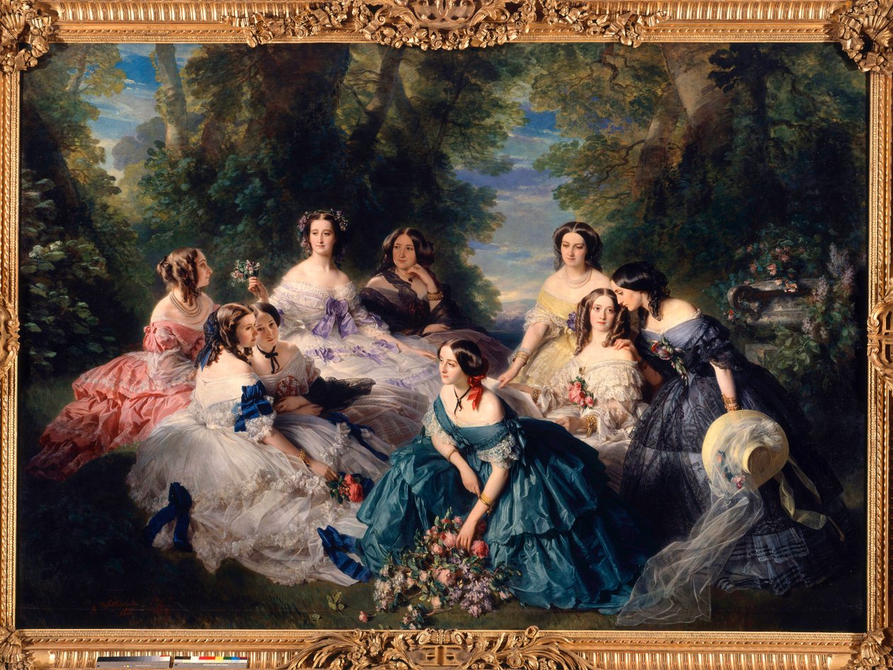 1855 年，Impress Eugenie (1826-1920) 围绕着宫廷的贵妇们。 左下至右：埃斯林公主、大女仆； 石头男爵夫人，子爵夫人 Lezay Marnezia (Lezay Marnezia)； 蒙特贝罗侯爵夫人（维伦纽夫小姐）。 到 作者 弗朗茨泽维尔温特哈尔特