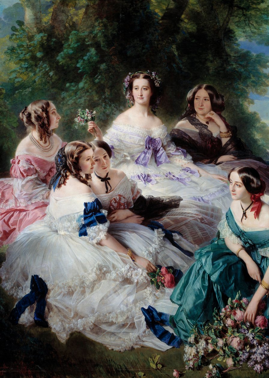 1855 年的 Impress Eugenie (1826-1920) 围绕着细节宫的贵妇们，分别代表埃斯林公主、石头男爵夫人、Lezay-Marnesia 子爵夫人、白衣皇帝和蒙特贝罗侯爵夫人 这 作者 弗朗茨泽维尔温特哈尔特