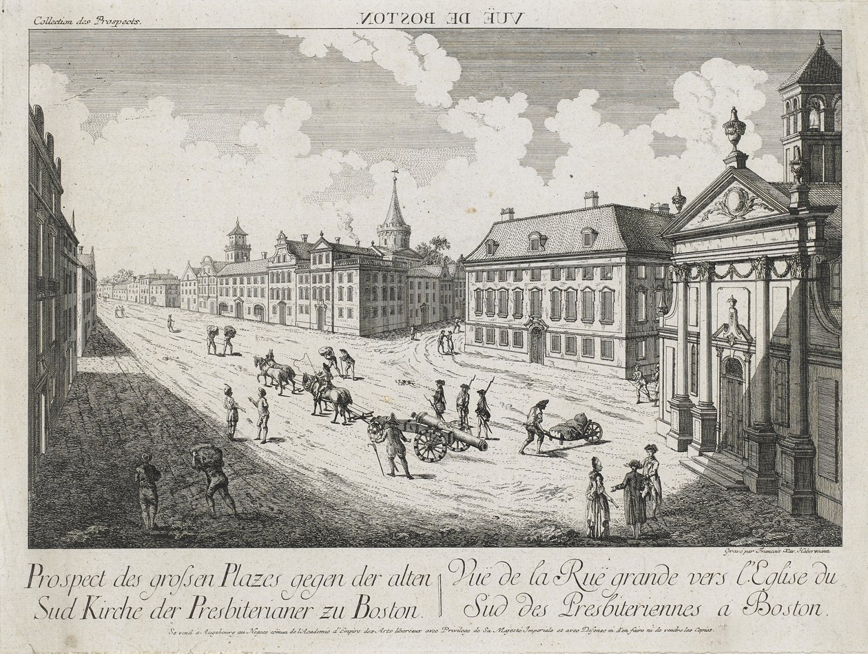 波士顿大道（Vue d&39;Optique）-大广场前景（Prospect des Grossen Plazes gegen der Alten Sud Kirche der Presbiterianer zu Boston）（朝向波士顿老南长老教会的大广场的光学视图-视图），c。 1776年（蚀刻和雕刻，在普通纸上未着色） 作者 弗朗兹·泽维尔·哈伯曼（Franz Xavier Habermann）