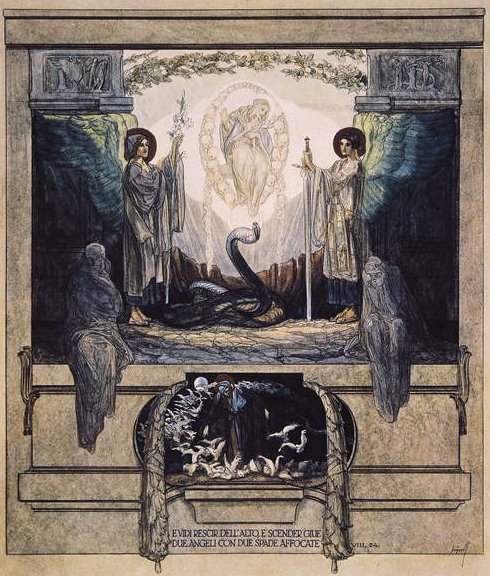 Dantes Divine Comedy，Purgatory，Canto VIII的插图：1921年24日（纸上写着） 作者 弗朗兹·冯·贝罗斯