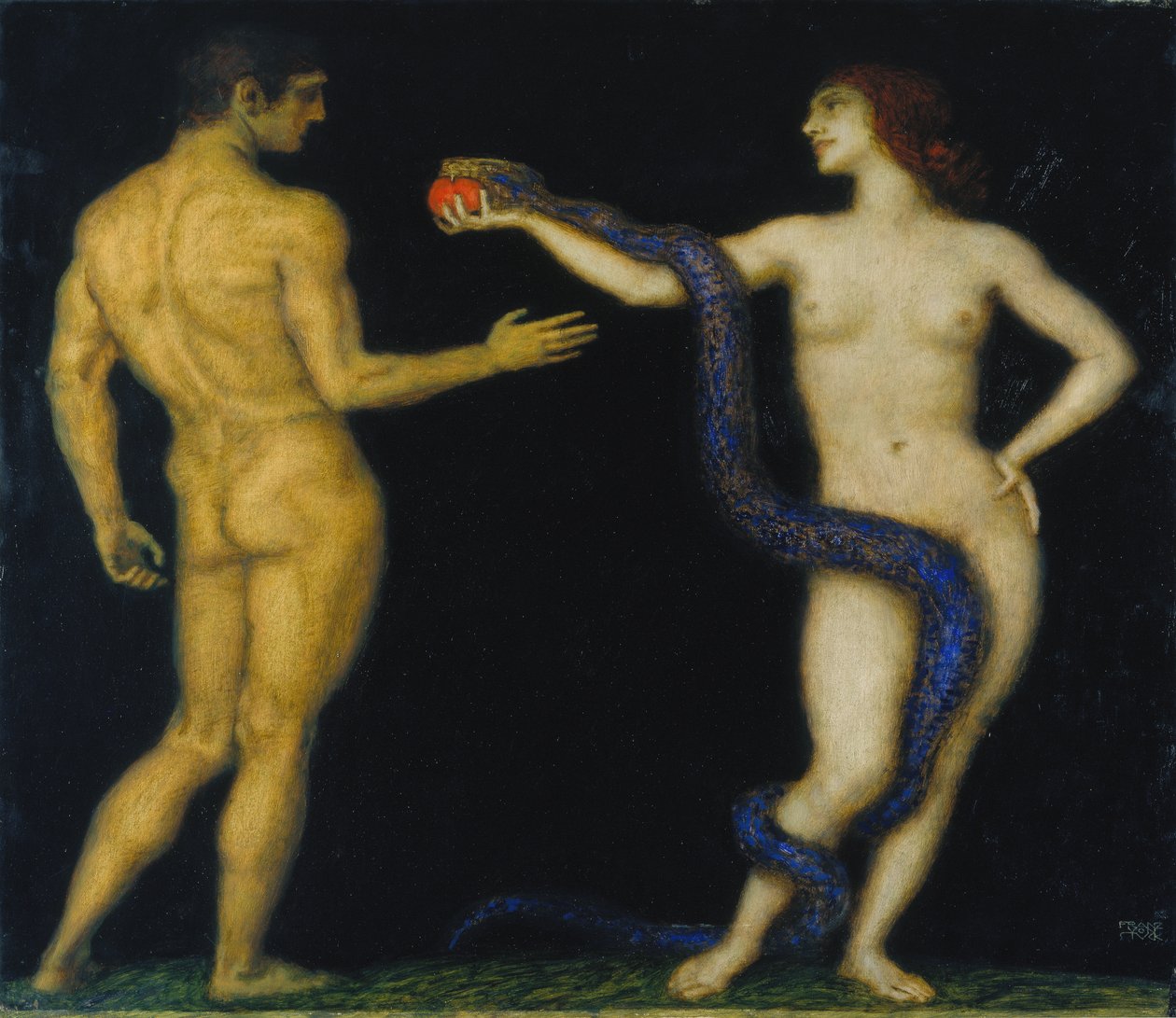 亚当和夏娃，c.1920（木头上蛋彩画） 作者 弗朗兹·冯·斯塔克