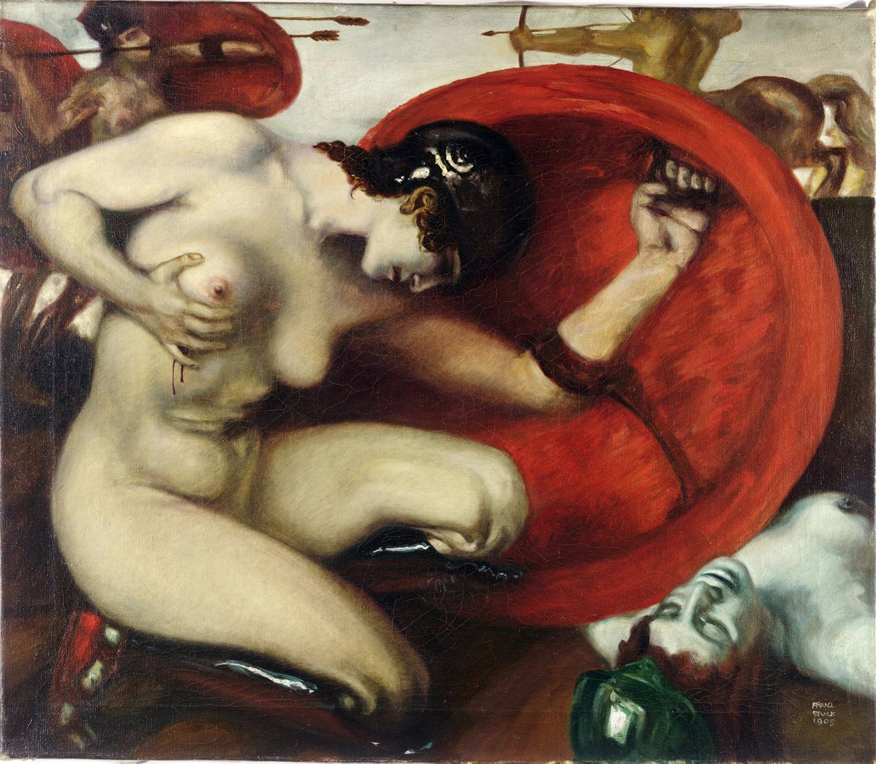 Amazone blessee - Wounded Amazon par Stuck, Franz, Ritter von (1863-1928)。 布面油画，尺寸：62,8x72,7 作者 弗朗兹·冯·斯塔克