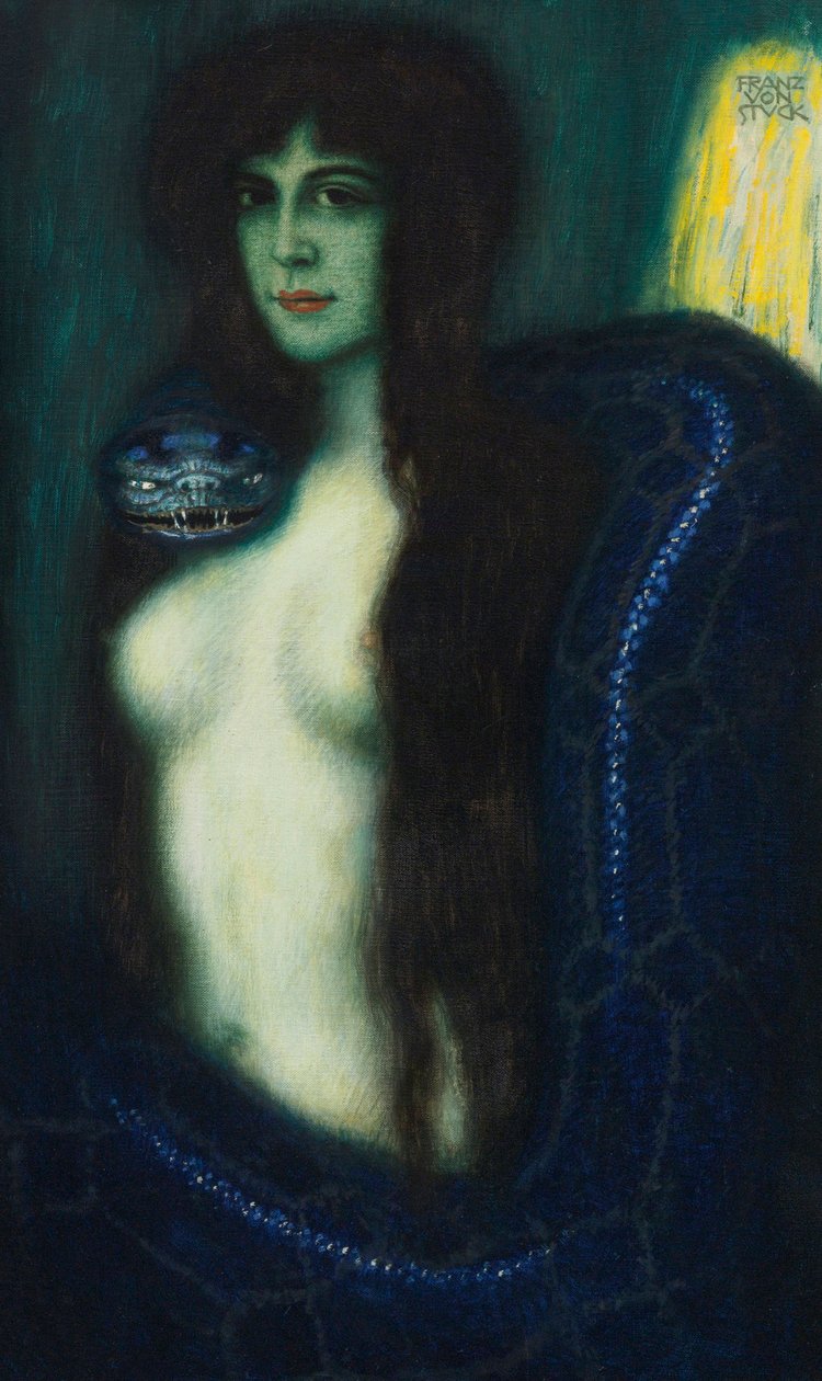 Le peche - The Sin par Stuck, Franz, Ritter von (1863-1928).布面油画，尺寸：90,2x53,3, ，私人收藏 作者 弗朗兹·冯·斯塔克