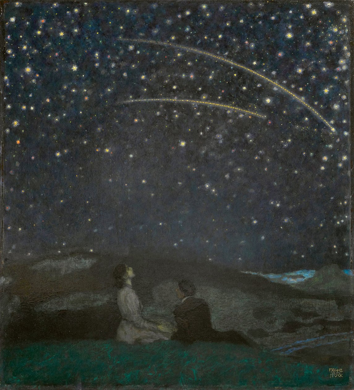 Les etoiles filantes (Franz et Mary von Stuck) - Shooting Stars (Franz and Mary Stuck)，作者 Stuck, Franz, Ritter von (1863-1928)。 木头上的油 作者 弗朗兹·冯·斯塔克