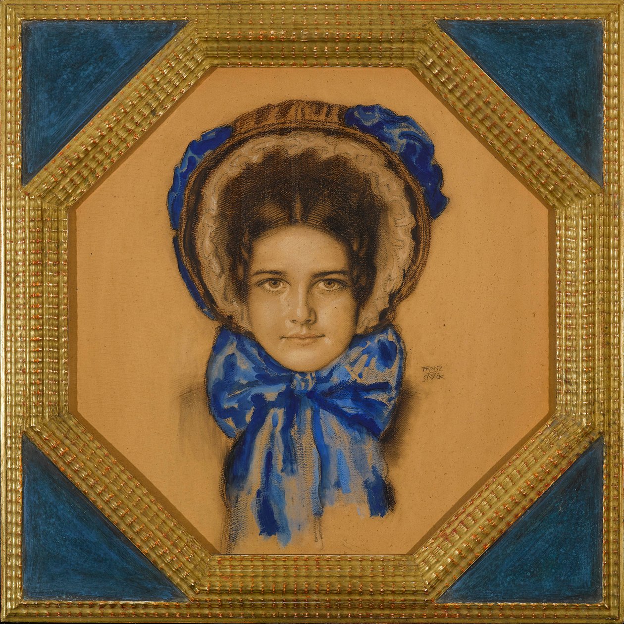 Marie avec un chapeau (type capot) - 带着 Poke 帽子的女儿 Mary - Franz-Ritter (Franz Ritter) von Stuck (1863-1928)。 纸板上的水粉、粉彩和煤 尺寸：55x49,3 厘米 私人收藏 作者 弗朗兹·冯·斯塔克