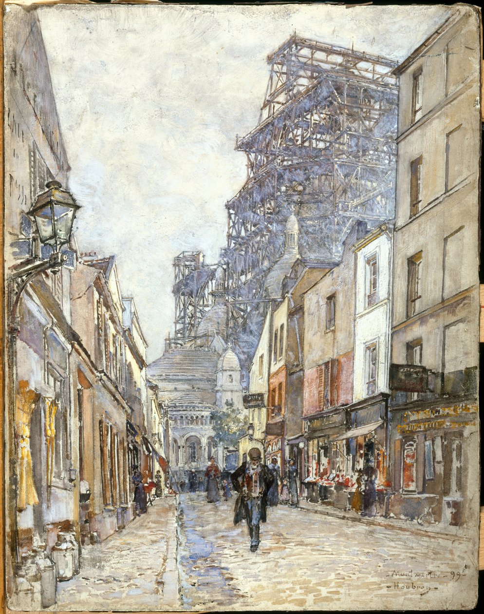 法文：Rue du Chevalier-de-la-Barre，圣心教堂正在建设中 作者 弗雷德里克·阿纳托尔·霍布伦